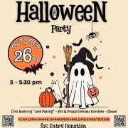 A Halloween event flyer for Flagler Humane Society’s Halloween Party at 1405 Saloon. The background is light beige with Halloween-themed illustrations including bats, a witch hat, a broom, pumpkins, a ghost dog, and a ghost holding a jack-o’-lantern candy bucket. The top of the flyer features the 1405 Saloon and Flagler Humane Society logos. Large black text reads “Flagler Humane Society’s Halloween Party.” A bright orange circle on the left says “October 26th” with a small bat illustration. Below, the event time is listed as “3 – 5:30 pm.” Text at the bottom announces live music by “Just Peachy,” pet and people costume contests, and games. A bold orange banner displays the website: FLAGLERHUMANE.HARNESSGIVING.ORG/EVENTS/3296, with QR codes on both sides. Text at the bottom reads: “$15 Entry Donation includes one free well or draft drink, chili bar with all the fixin’s, & dessert! All proceeds support the Flagler Humane Society.” The location is listed as: 1405 E Moody Blvd, Bunnell, FL 32110.