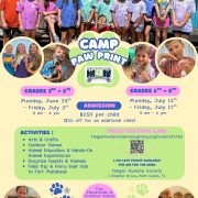 A colorful summer camp flyer for Camp Paw Print, hosted by Flagler Humane Society. The background is light yellow with green and pink accents. At the top, a group photo shows approximately 20 smiling children and teens standing in front of a building with the word "SOCIETY" visible. Below the photo, four circular inset images show children participating in camp activities, including holding a kitten, handling a snake, and doing crafts. The camp name "Camp Paw Print" appears in large, bold, colorful letters in the center, alongside the Flagler Humane Society 40th anniversary logo. Session details: Grades 3rd–5th: Monday, June 29th – Friday, July 3rd, 9 AM–4 PM Grades 6th–8th: Monday, July 13th – Friday, July 17th, 9 AM–4 PM Admission: $250 per child ($25 off for an additional child) 6 PM late pickup available for $50 for the week Activities include: Arts & Crafts, Outdoor Games, Animal Education & Hands-On Animal Experiences, Surprise Guests & Animals, and a Field Trip & Ferry Boat Ride to Fort Matanzas. Registration: flaglerhumane.harnessgiving.org/events/3762 | A QR code is also displayed. Location: Flagler Humane Society, 1 Shelter Drive, Palm Coast, FL More information: kholling@flaglerhumanesociety.org Fun, Educational, & Creative Animal Activities for Boys & Girls, Grades 3rd–8th!