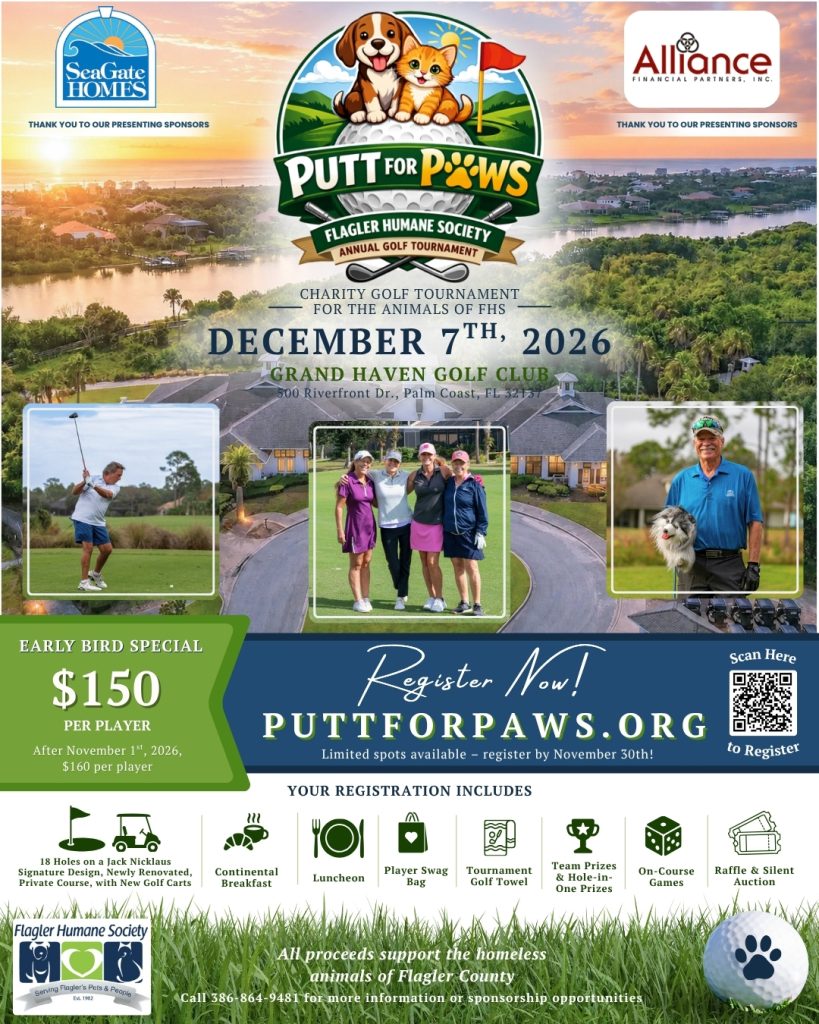 Flyer for Putt for Paws, the Flagler Humane Society Annual Golf Tournament, a charity golf tournament for the animals of FHS. December 7th, 2026, at Grand Haven Golf Club, 500 Riverfront Dr., Palm Coast, FL 32137. Presenting sponsors: SeaGate Homes and Alliance Financial Partners. Early bird special: $150 per player; after November 1st, 2026, $160 per player. Register now at puttforpaws.org or scan the QR code. Limited spots available, register by November 30th. Registration includes 18 holes on a Jack Nicklaus signature design, newly renovated private course with new golf carts, continental breakfast, luncheon, player swag bag, tournament golf towel, team prizes and hole-in-one prizes, on-course games, and a raffle and silent auction. All proceeds support the homeless animals of Flagler County. Call 386-864-9481 for more information or sponsorship opportunities. The flyer features a cartoon puppy and kitten on a golf ball logo over an aerial sunset view of the golf club, with photos of golfers, including a man holding a small dog.